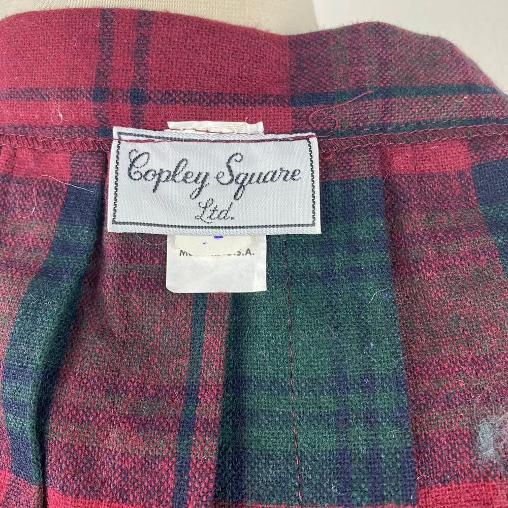 Vintage Copley Square Wool Pleated Wrap Skirt Fringe Side10 Red Green Plaid